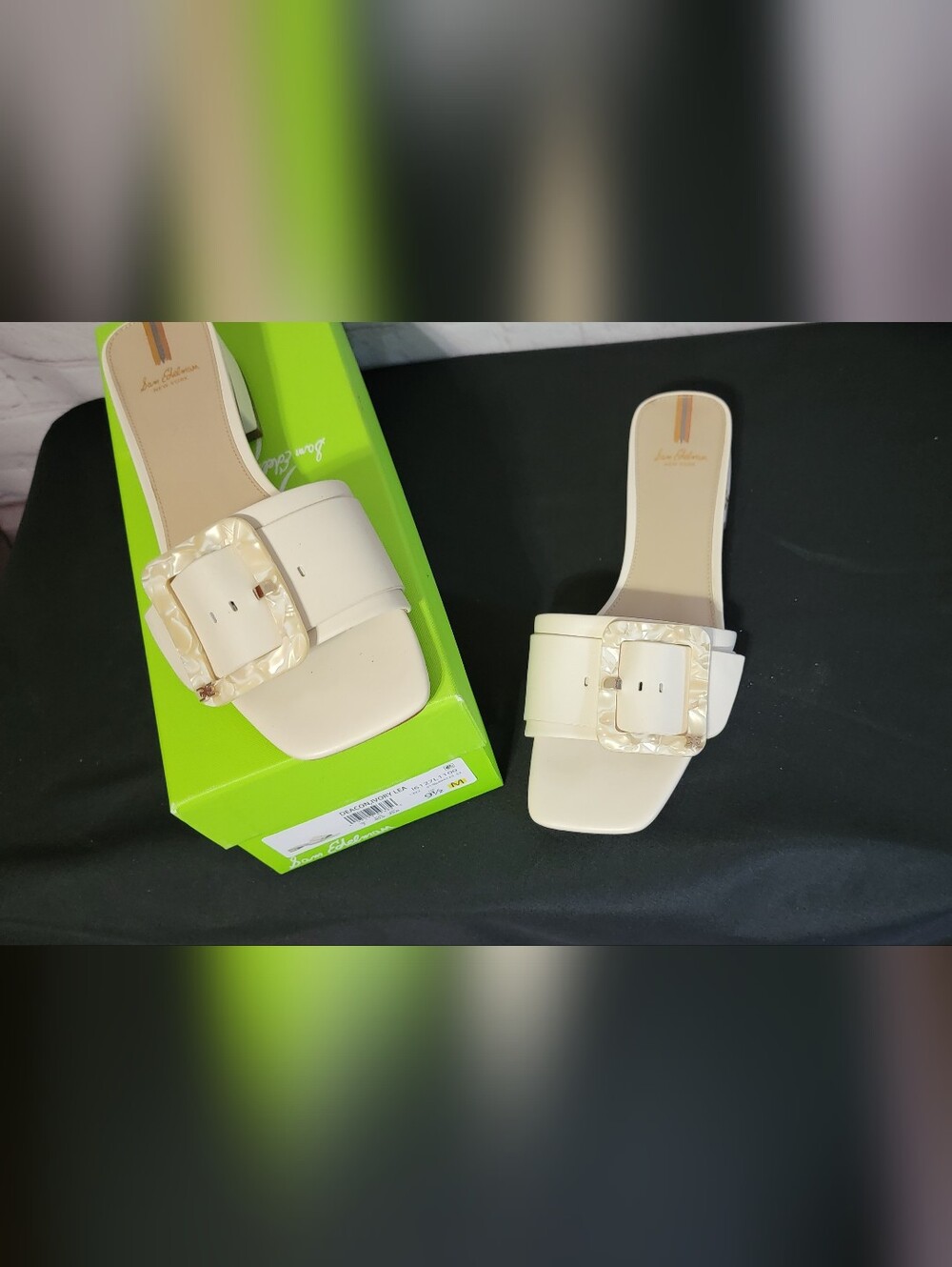 Sam Edelman Cream Slide Sandals with Marbled Buckle 9.5
